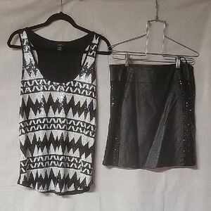 Black And White Sequin Tank And Black Sequin And MISS ME PU Skirt